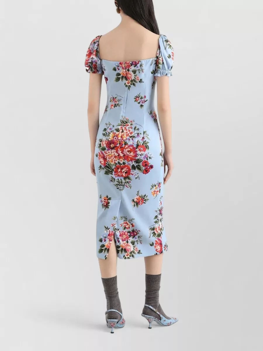 Dolce&Gabbana Silk Floral-Print Sweetheart-Neck Midi Dress