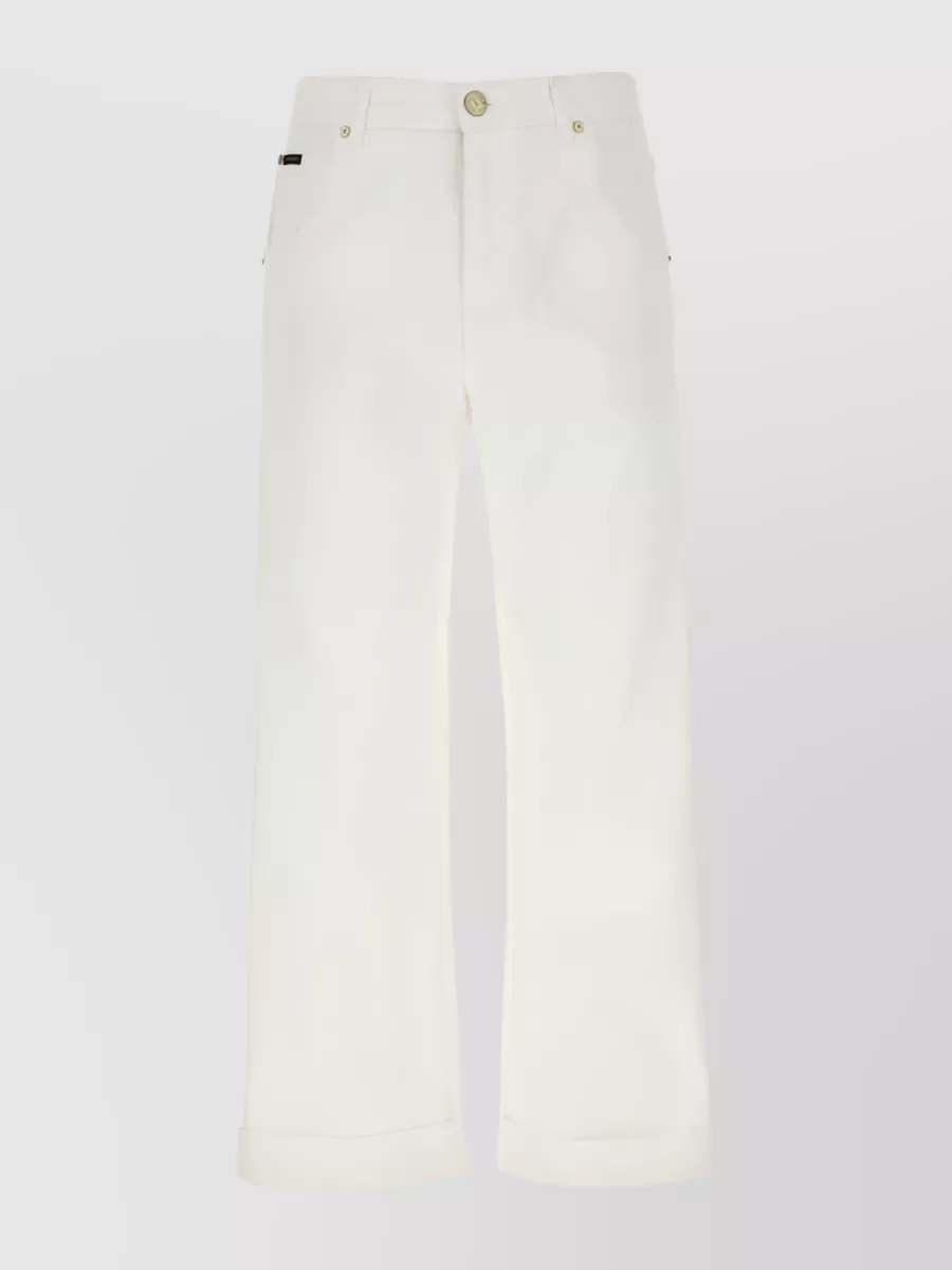 Shop Etro Wide Leg Embroidered Cotton Trousers With Turn-up Cuffs In White
