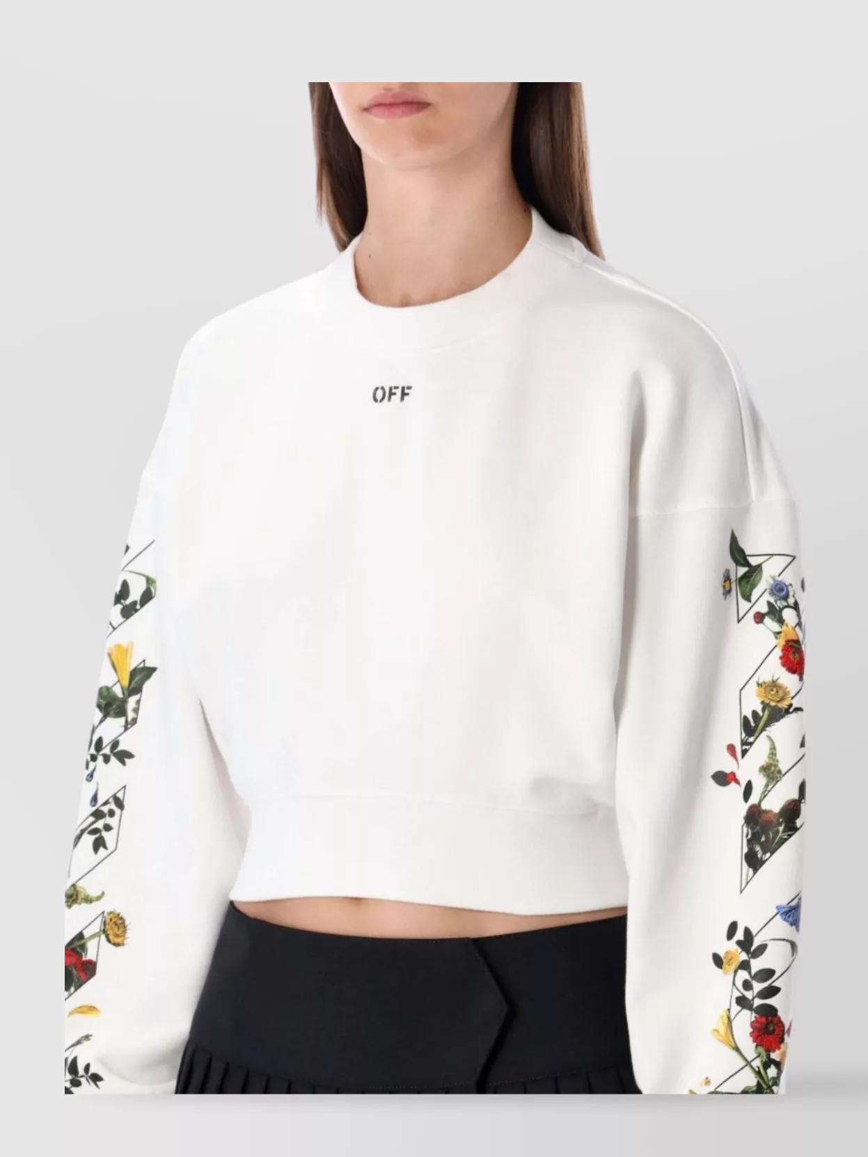 Off-White Floral Print Long Sleeve Cropped Top
