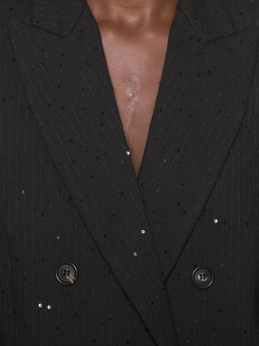 Ermanno Firenze Wool Pinstripe Sequin-Embellished Double-Breasted Blazer