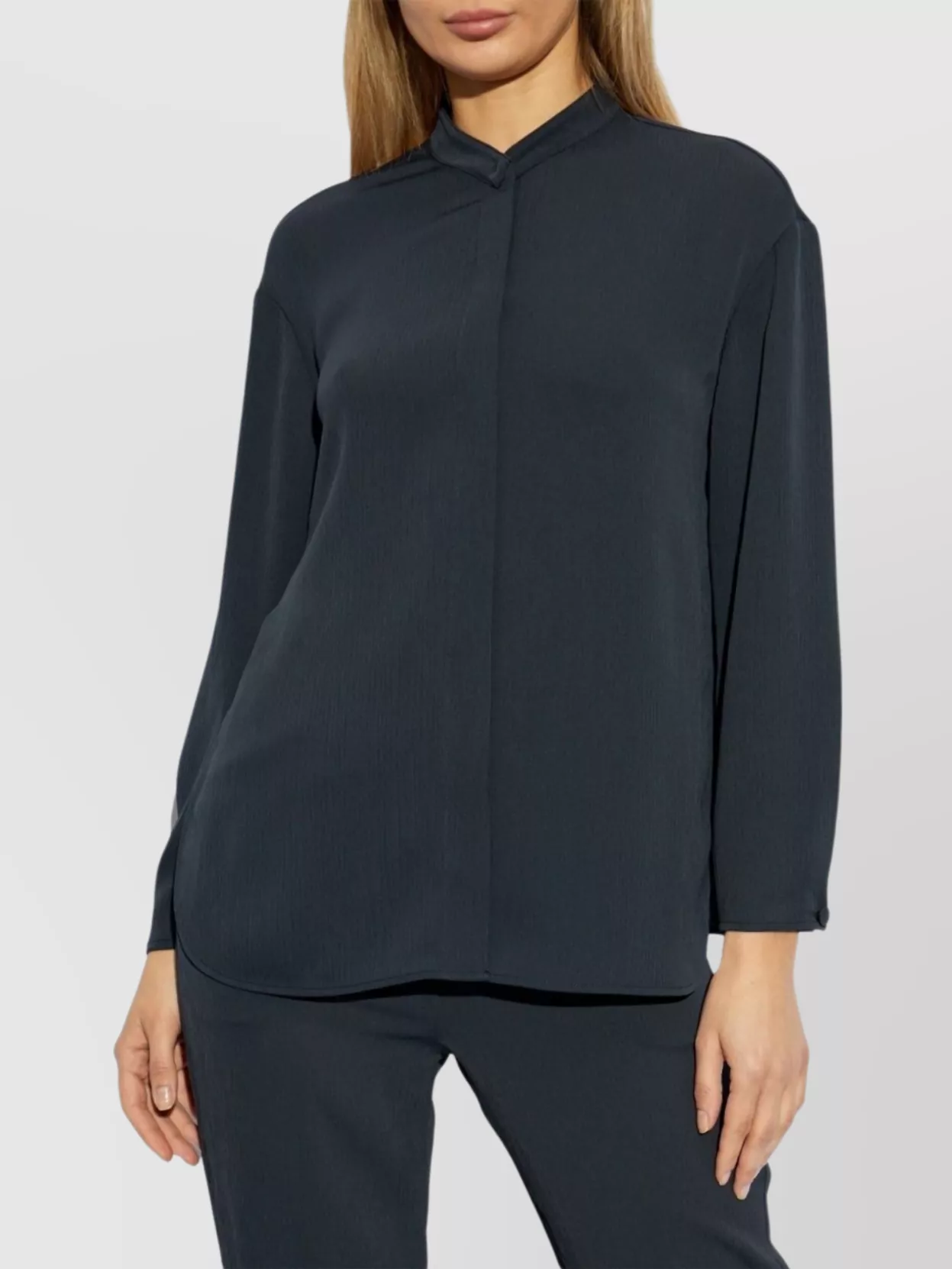 Emporio Armani Band Collar Textured Shirt With Button Detail In Blue