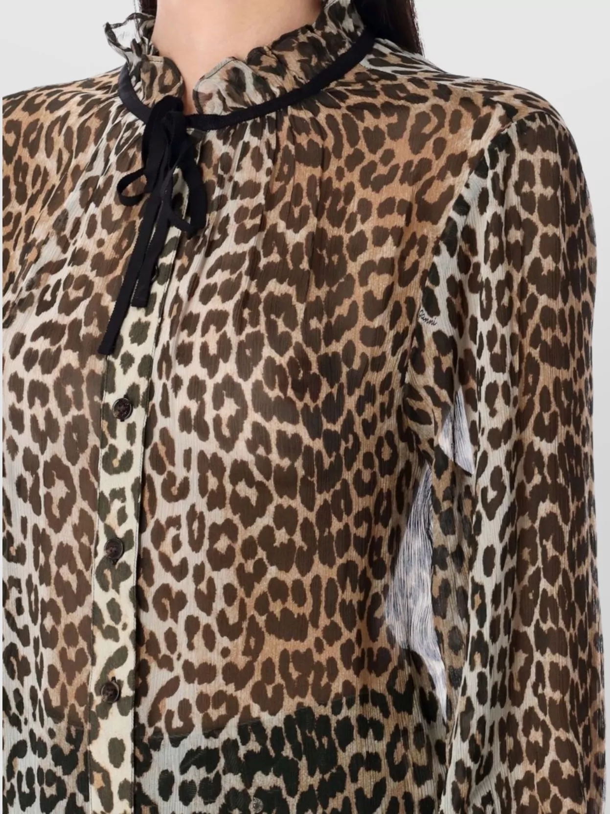 Ganni Ruffled Collar Sheer Animal Print Shirt