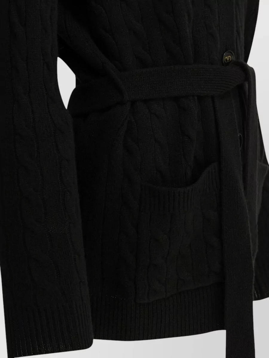 Valentino Cashmere Cable-Knit V-Neck Long-Sleeve Belted Cardigan
