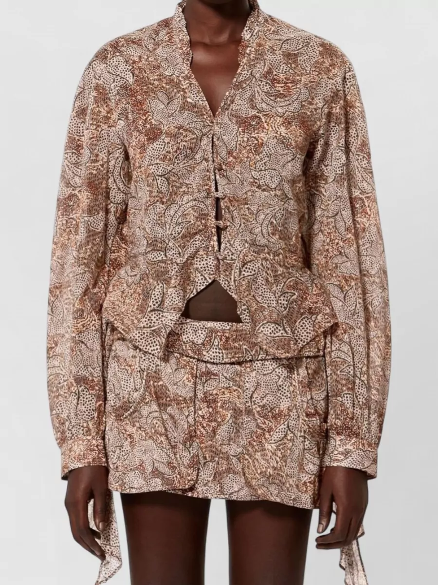 Isabel Marant Cotton Floral-Print Cropped V-Neck Ruffled Long-Sleeve Blouse