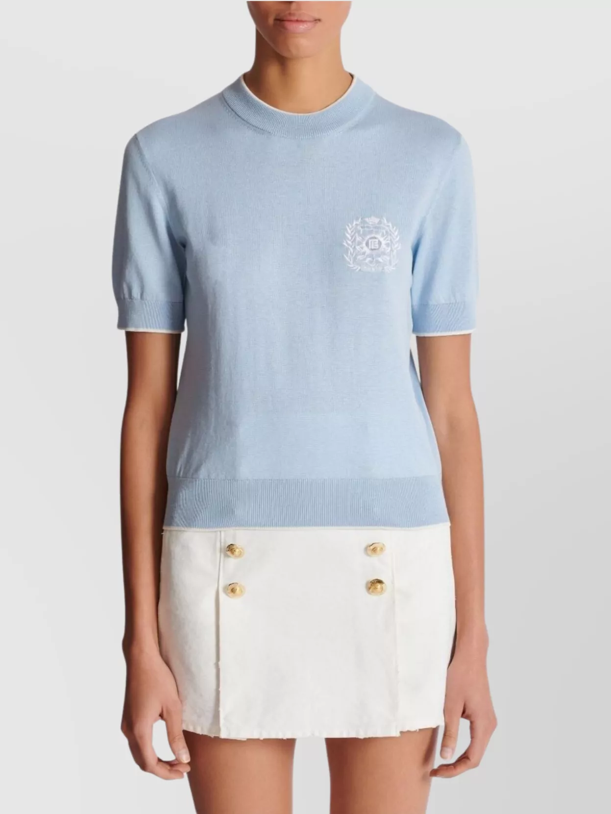 Balmain Knit Crewneck With Short Sleeves And Striped Tipping