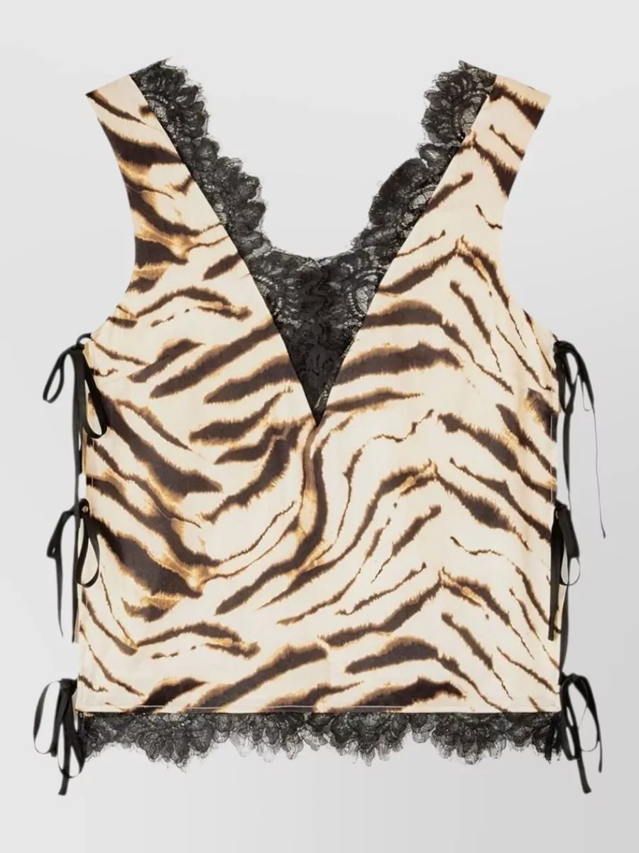 Ganni Printed Satin V-Neck Lace Slip Top
