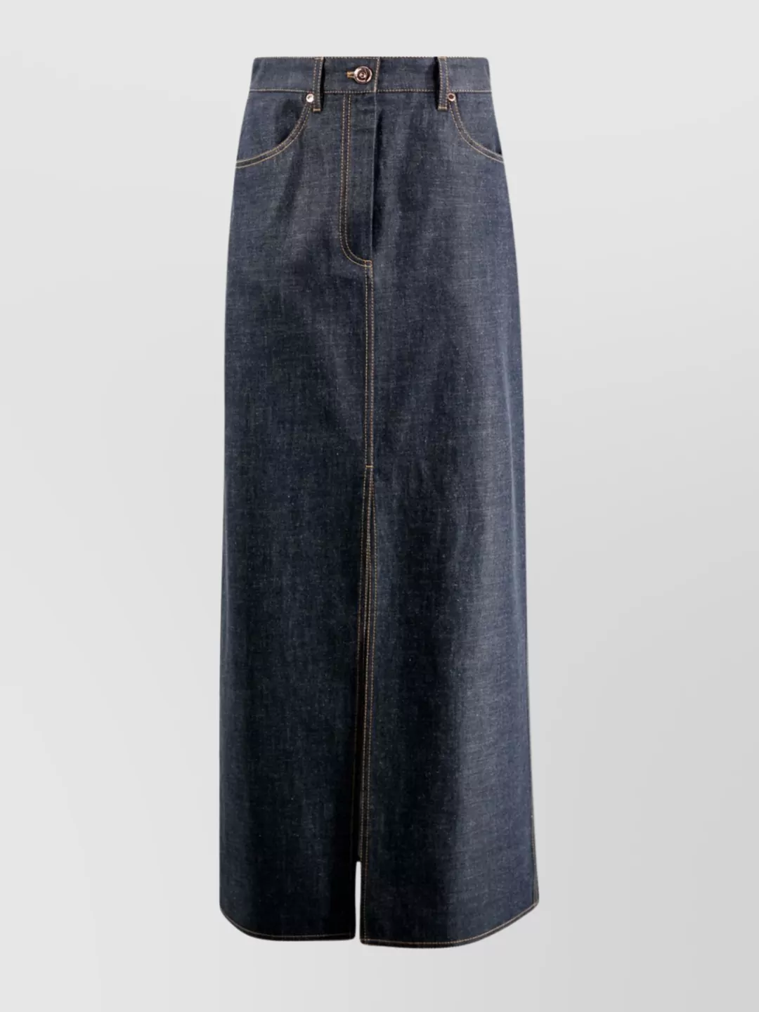 Shop Brunello Cucinelli Long Denim Skirt With Slits And Belt Loops