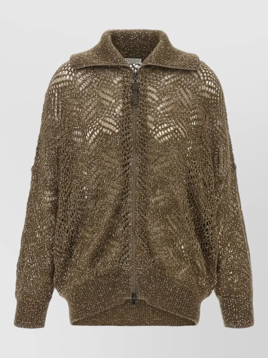 Brunello Cucinelli Mohair-Blend Ribbed High-Neck Zip-Up Cardigan