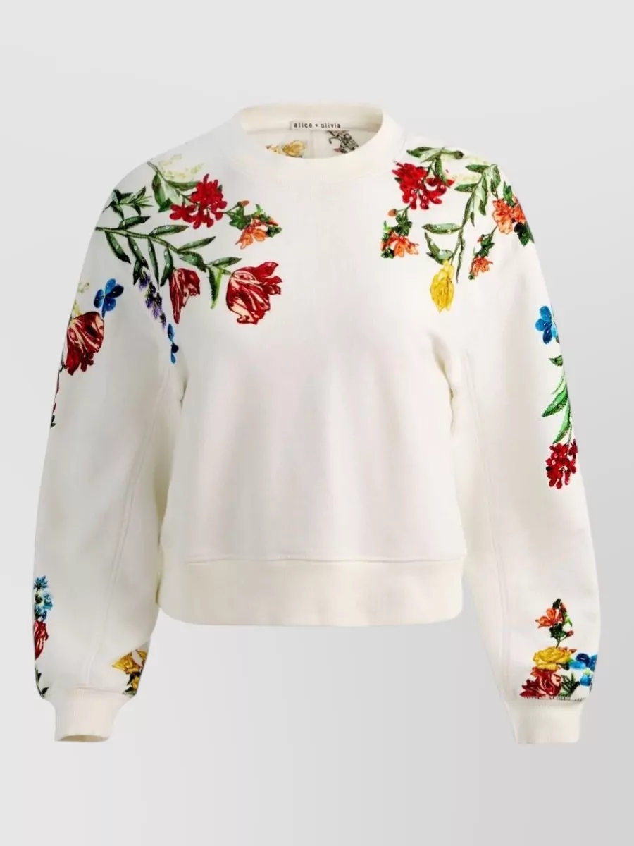 Alice + Olivia embroidered cotton sequin-embellished crew-neck long-sleeve sweatshirt