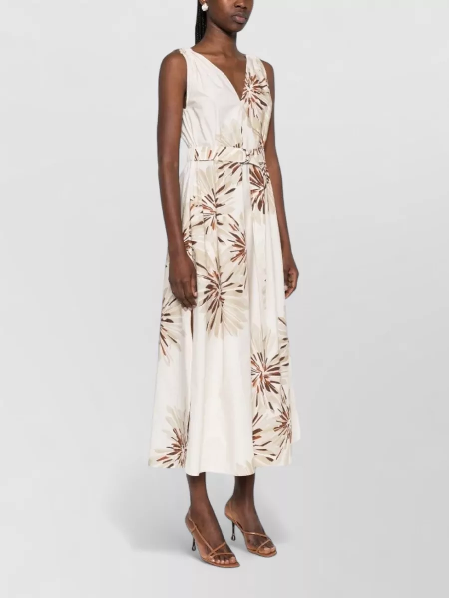 Brunello Cucinelli Floral-Print V-Neck Belted Midi Dress