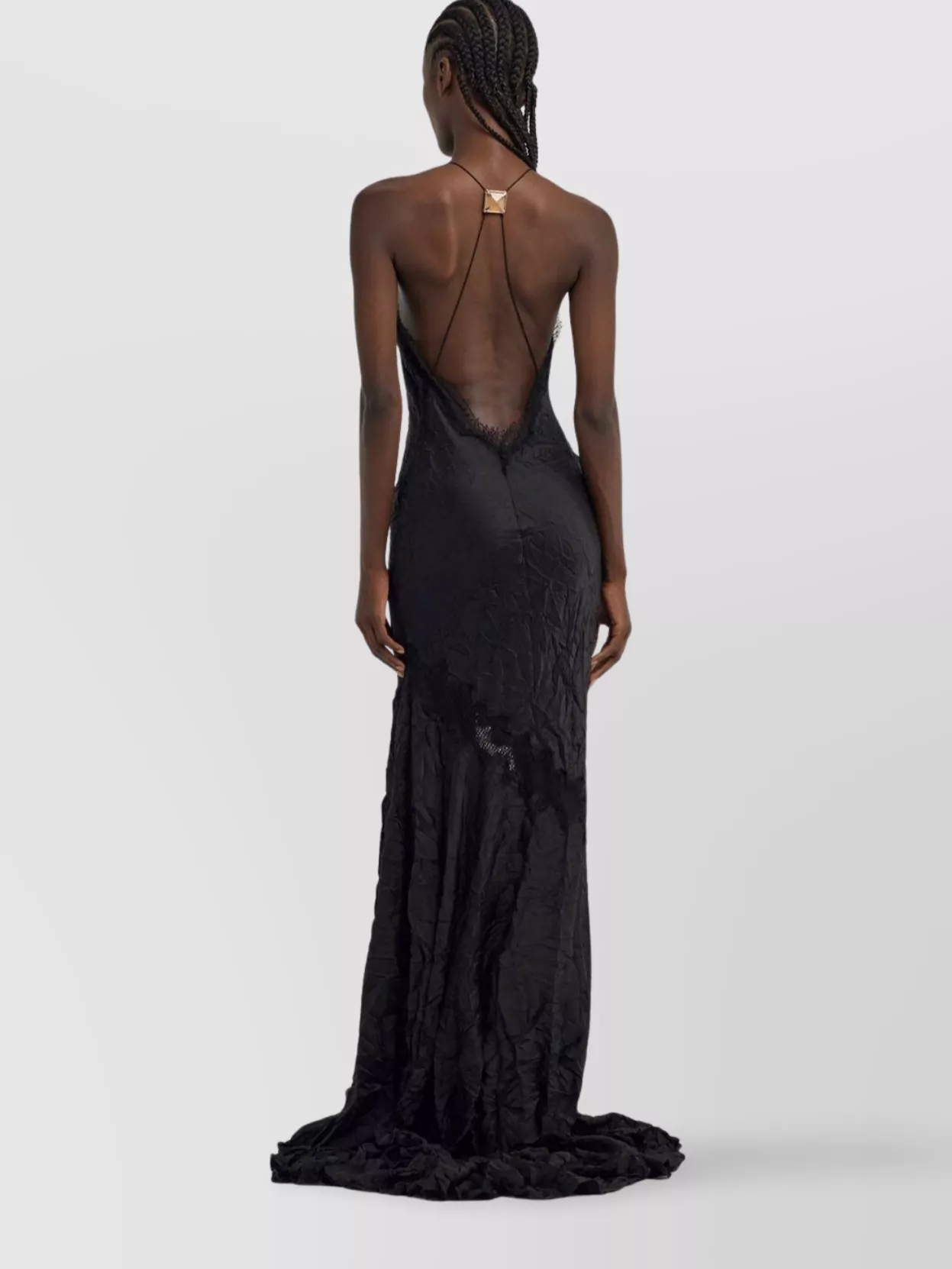 Roberto Cavalli Hemline Asymétrique Crinkled Texture Floor-length Lace Trim In Black