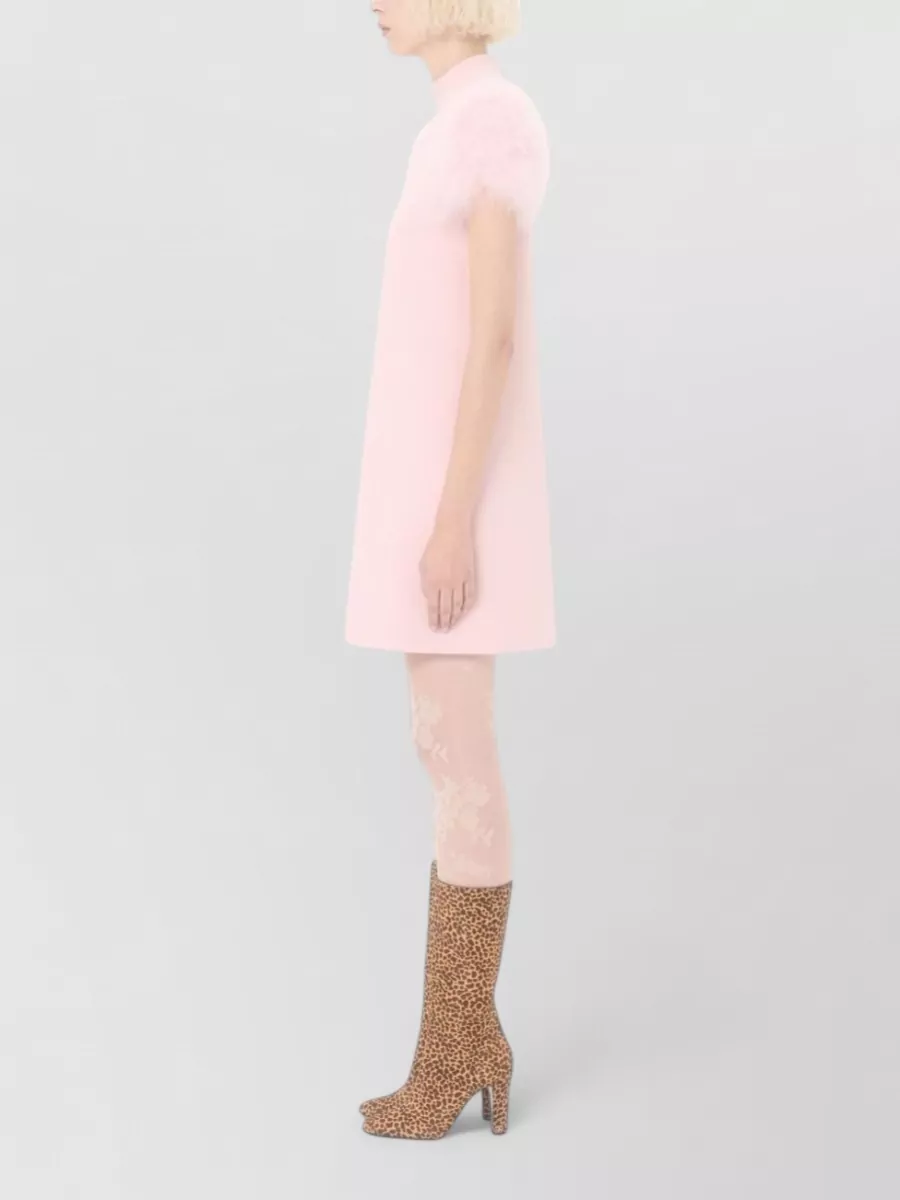 Valentino High Neck Mini Dress With Feather Boa