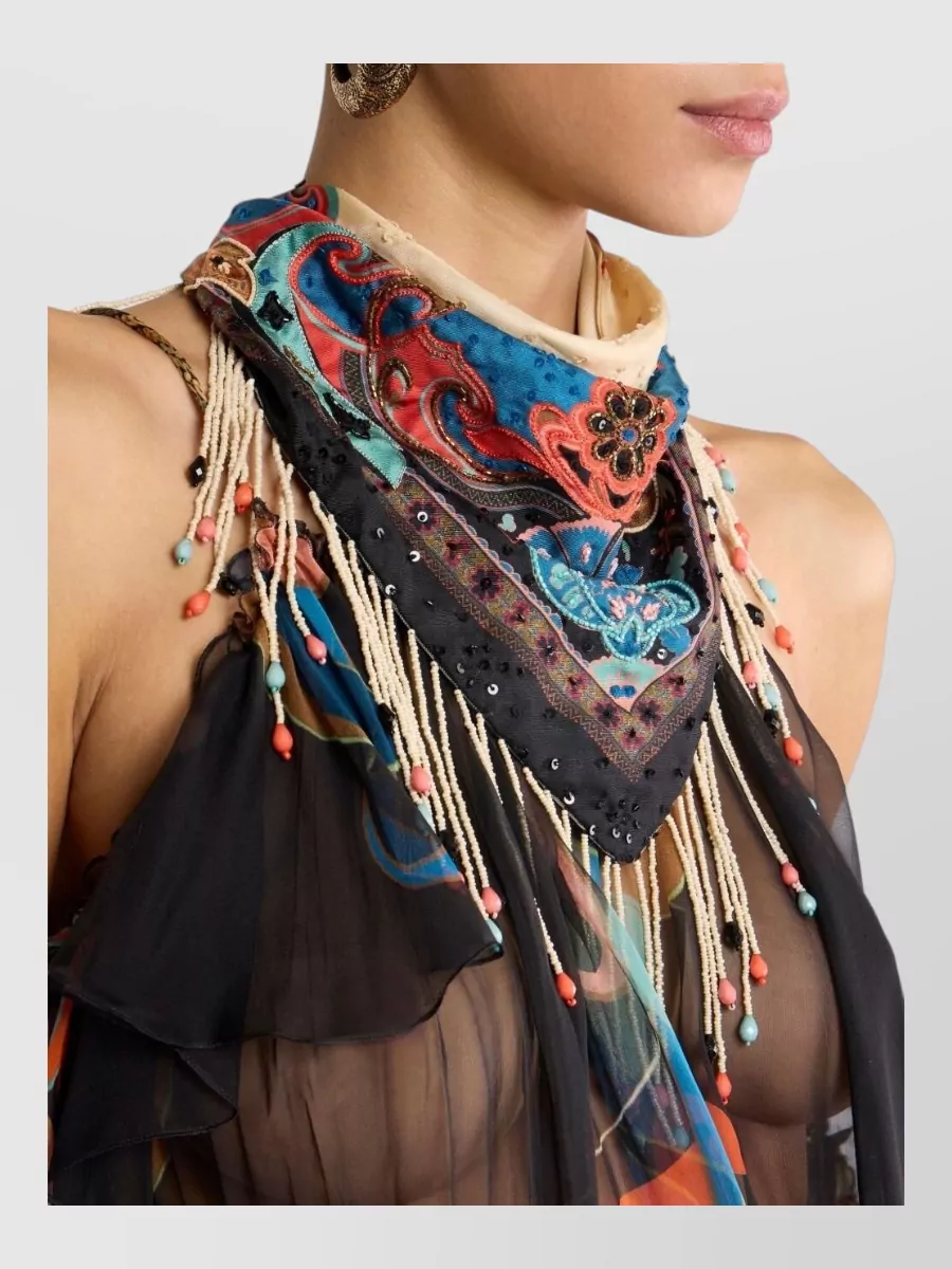 Etro Silk Printed Embellished Triangular Scarf