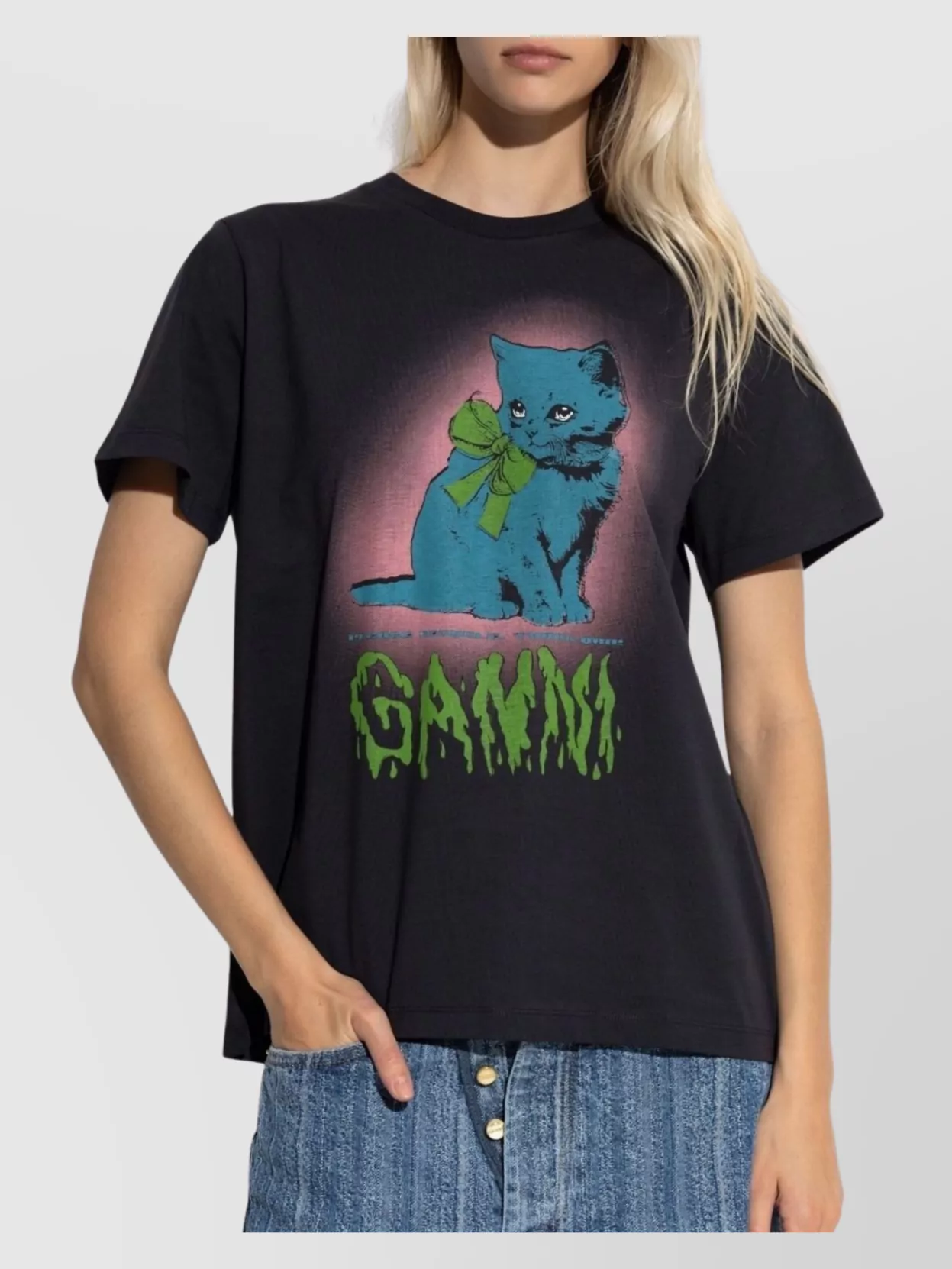 Ganni Women Basic Cotton Jersey Neon Kitty T-shirt In Black