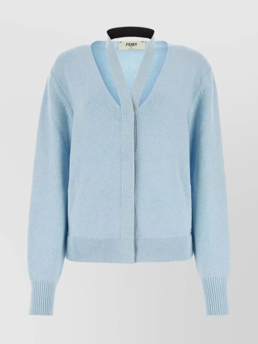Shop Fendi Light-blue Wool Blend Cardigan With Deep V Neckline