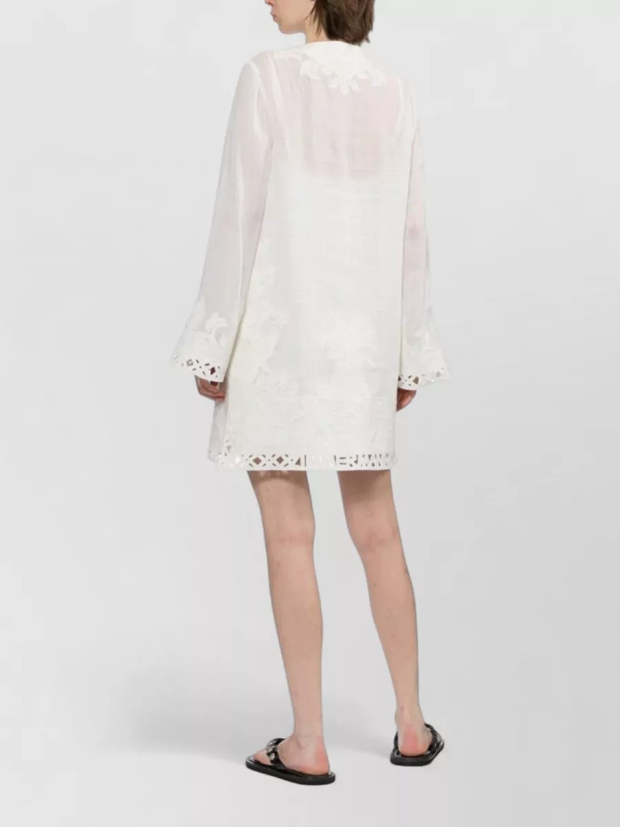 Zimmermann Ramie Embroidered Deep V-Neck Tunic Dress