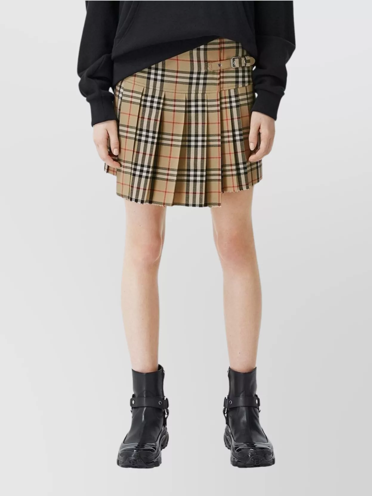 Shop Burberry Vintage Wool Check Pleated Miniskirt With Buckle
