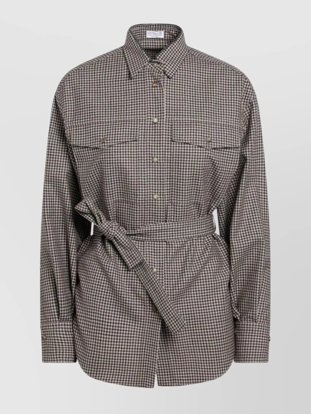 Brunello Cucinelli Check-pattern Shirt With Belt And Shiny Collar Detail Women In Brown