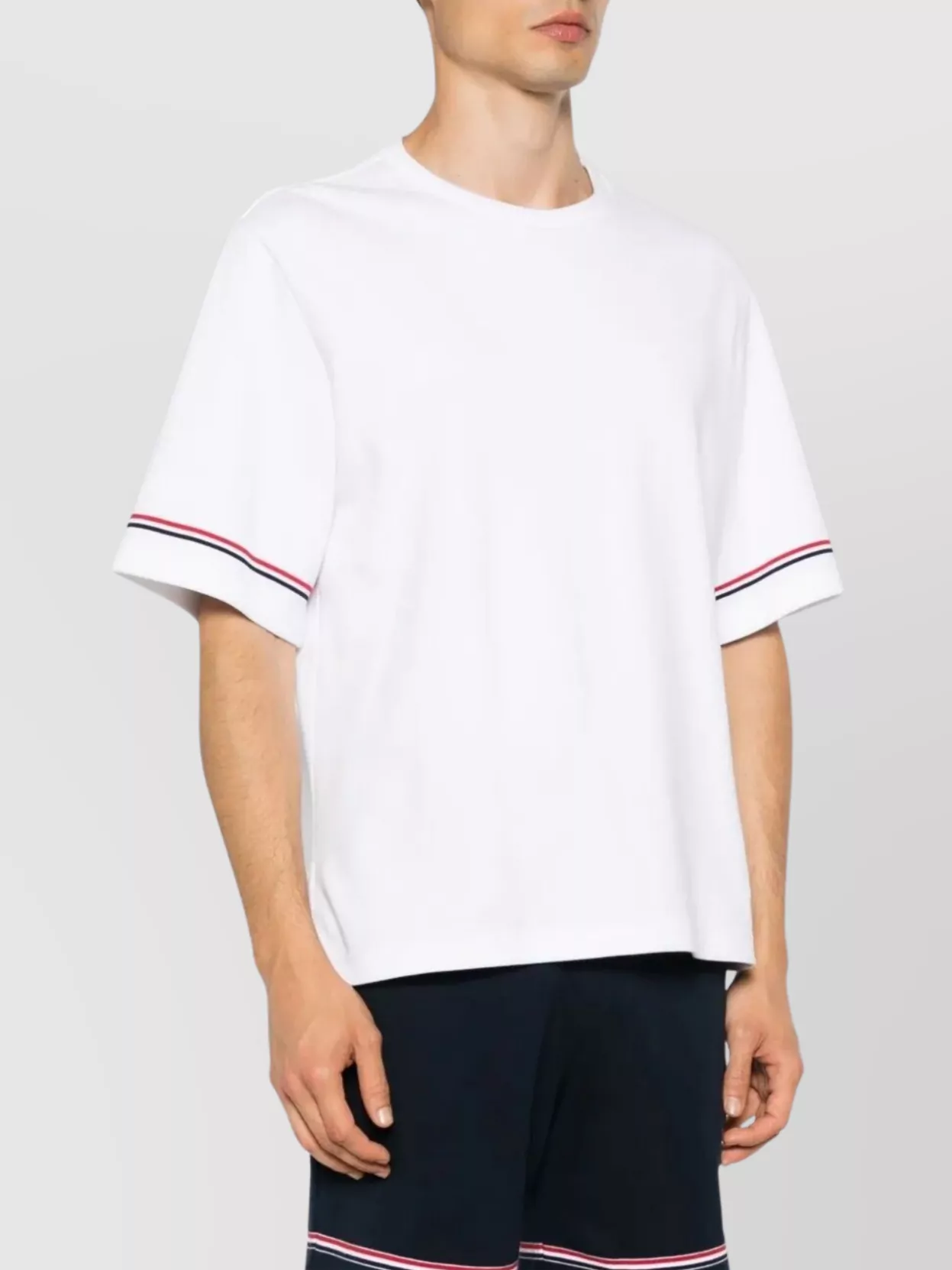Thom Browne White Crewneck T-shirt With Rwb Detail On Neck And Sleeve
