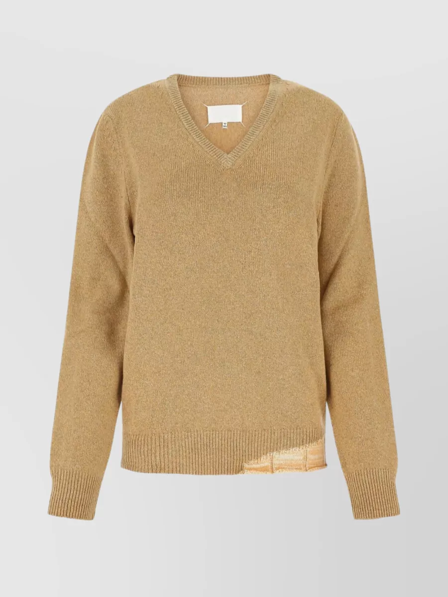 Shop Maison Margiela Oversized Wool Blend Sweater With Distressed Embroidery In Cream