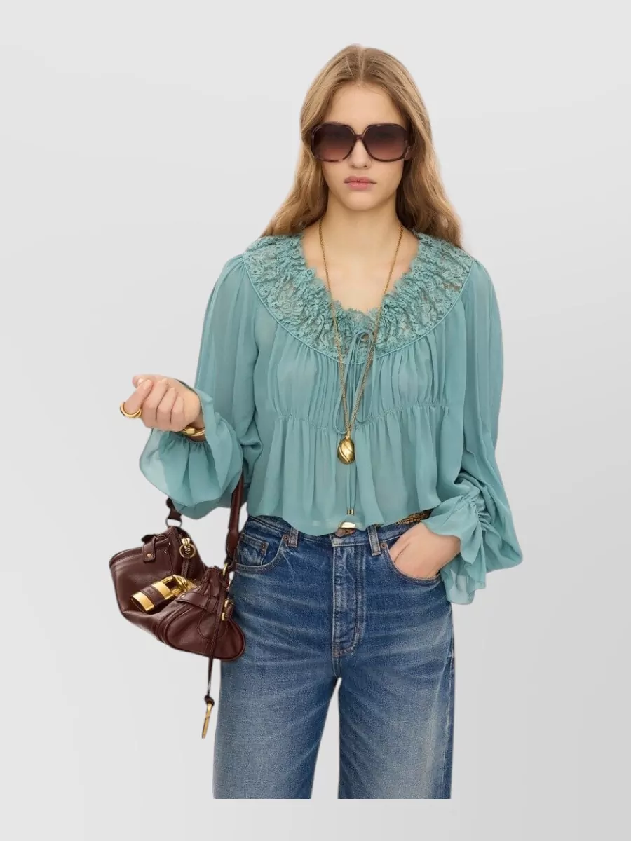 Chloé Silk Cropped Ruffled Long-Sleeve Blouse