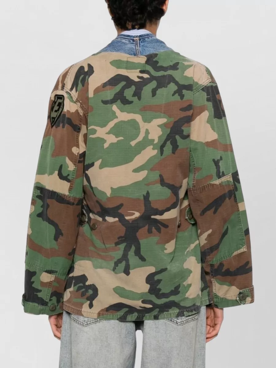 Front Street Cotton Printed Patch Embellished Single Breasted Coat