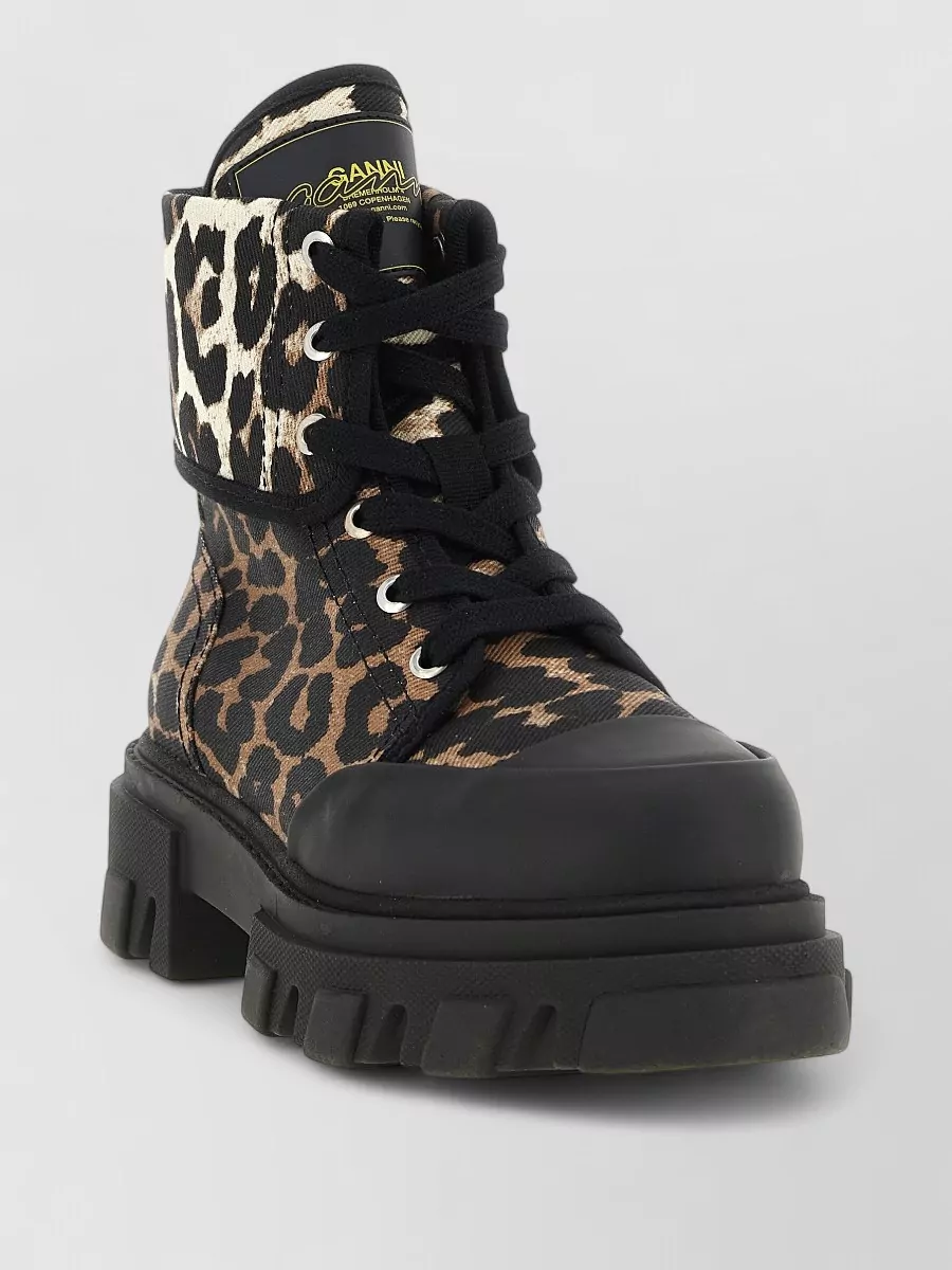 Ganni Denim Leopard-Print Lace-Up Ankle Boots