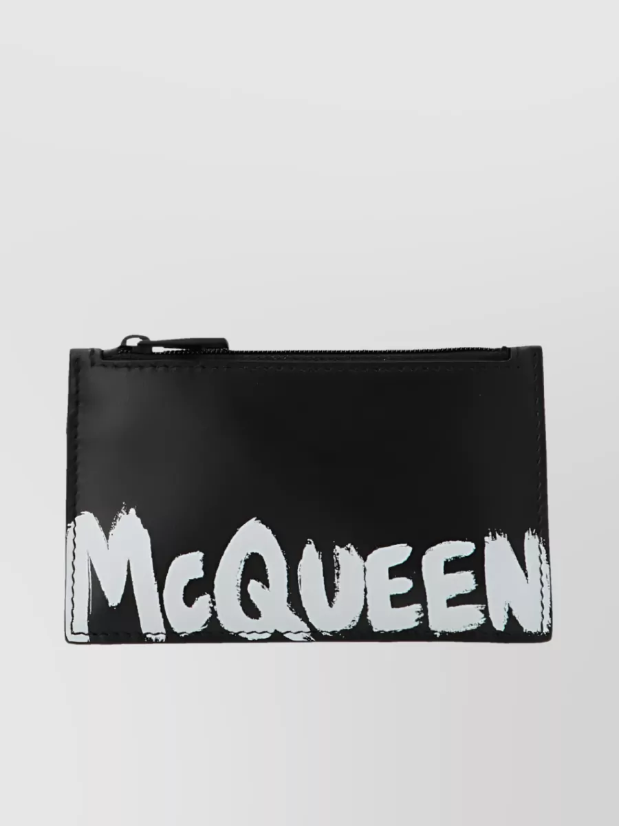 Shop Alexander Mcqueen Printed Leather Zip Wallet With Wrist Strap In Black