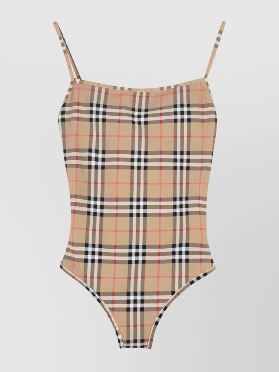 Shop Burberry Vintage Check Square Neck Open Back Swimsuit In Cream