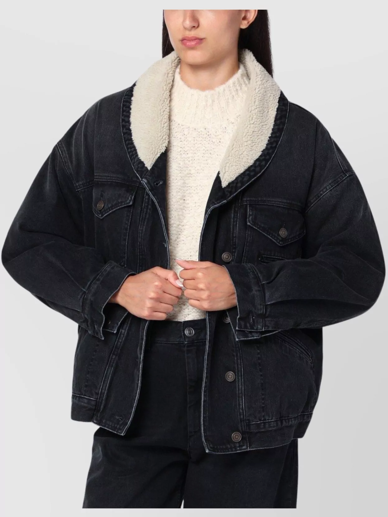 Isabel Marant Denim And Faux Fur Jacket With Sherpa Collar In Black