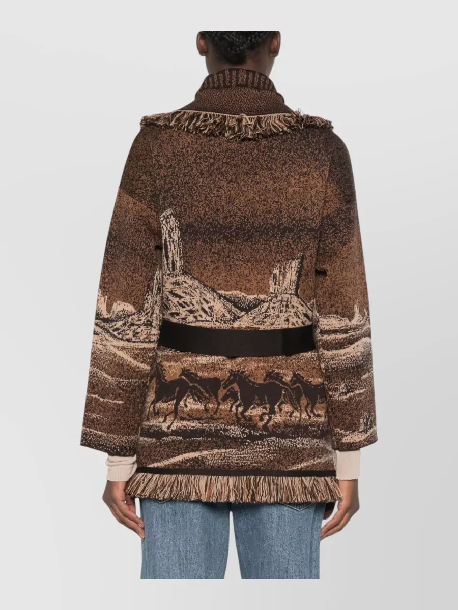 Alanui Virgin Wool Jacquard Fringe Belted Oversized Coat
