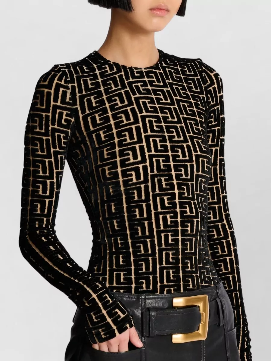 Balmain Monogram Velvet Top Fitted Long Sleeves In Brown