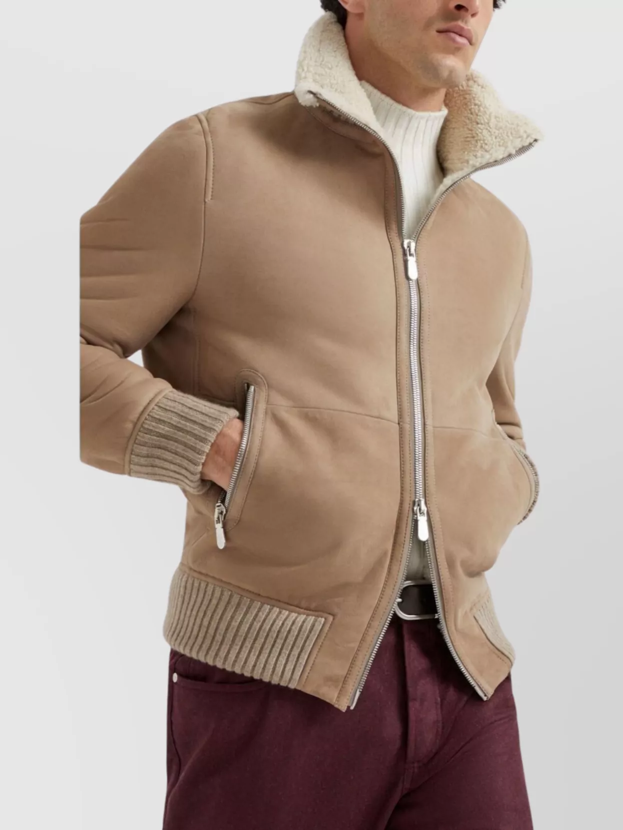 Brunello Cucinelli Bomber Jacket With Shearling Collar And Ribbed Finish