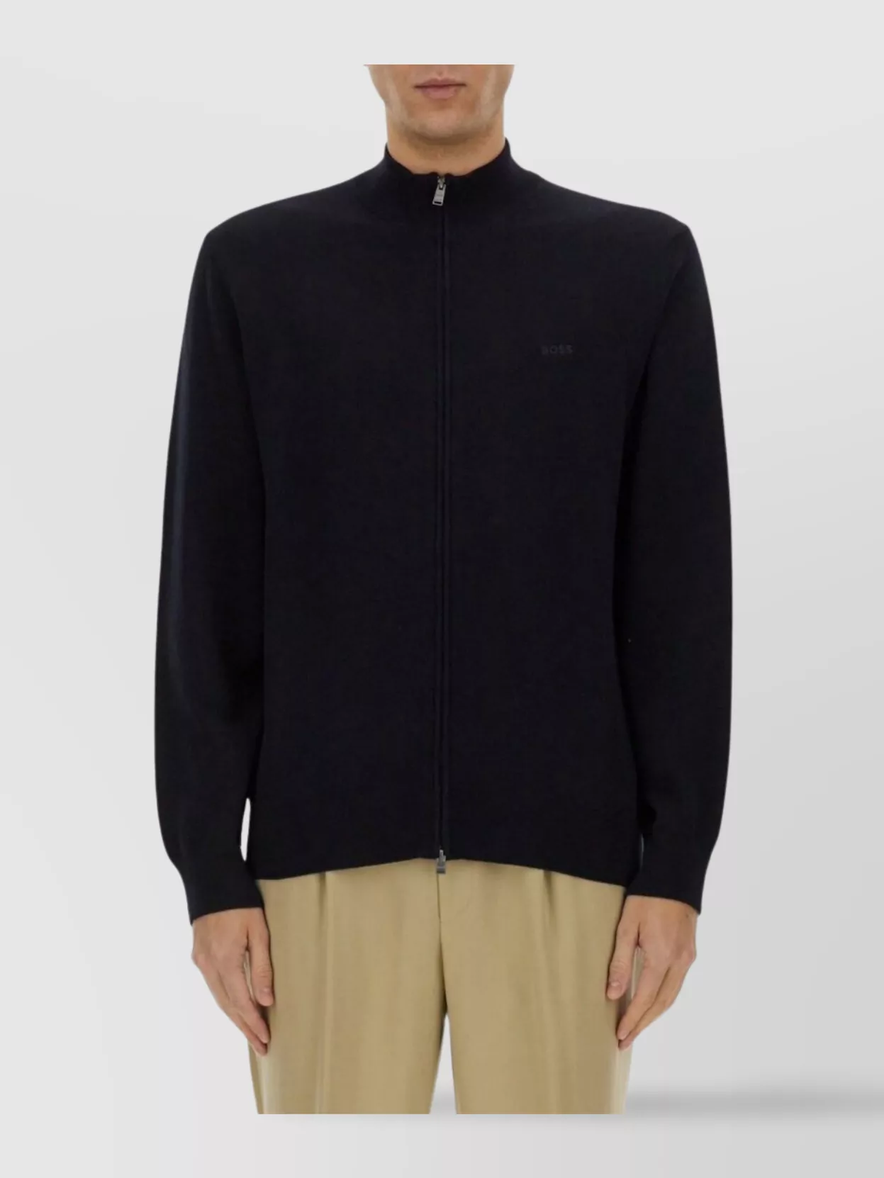 HUGO BOSS ZIP SWEATER WITH RIBBED CUFFS AND HEM