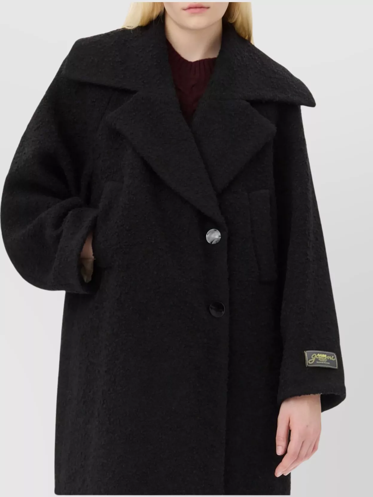 Ganni Textured Fabric Long Coat With Wide Lapels