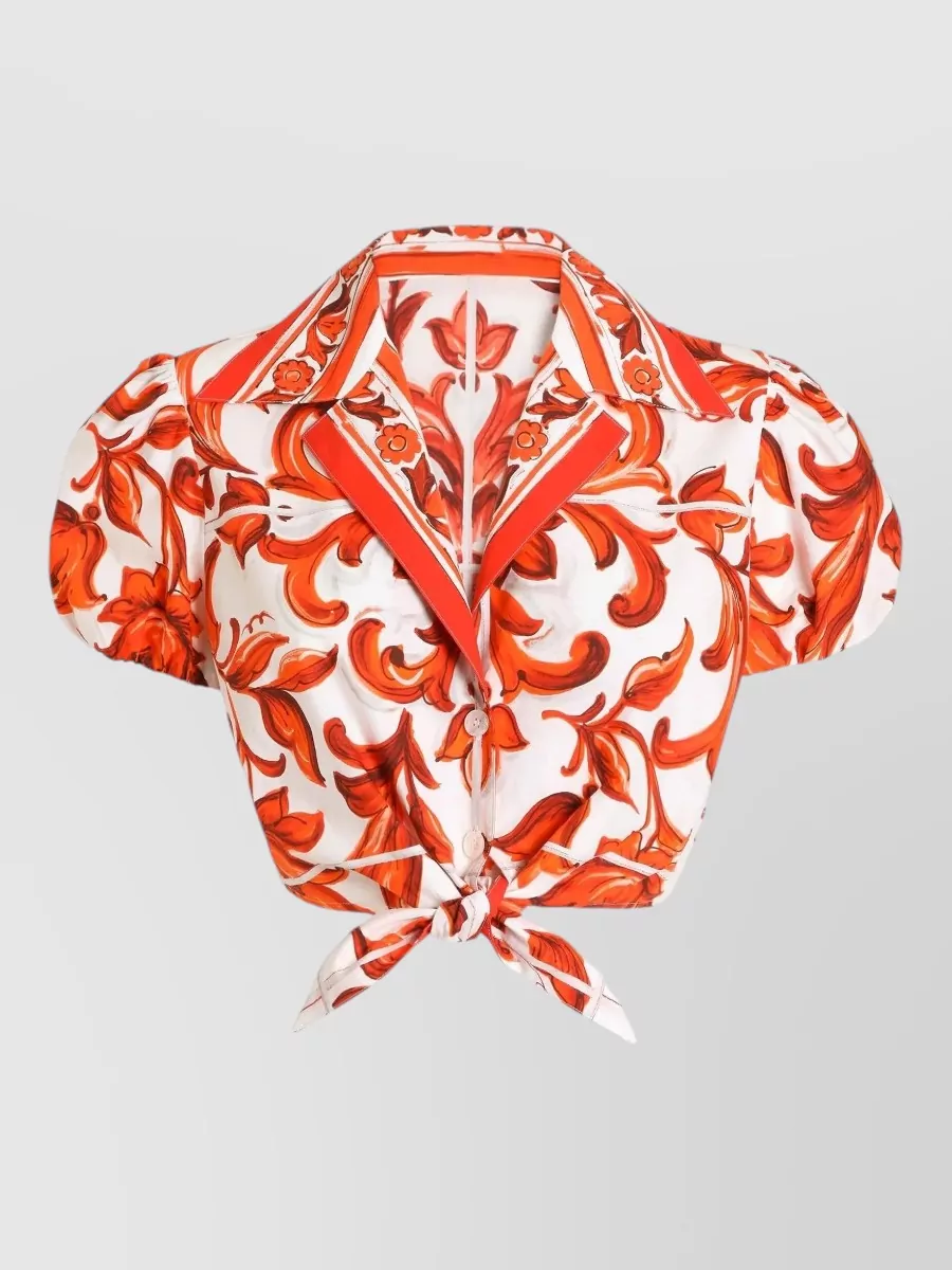Dolce&Gabbana Floral-print cotton short-sleeve shirt — The cropped tie-front shirt in the matching vermillion baroque print creates a coordinated set with the shorts, keeps the mood romantic‑boho, and balances the relaxed short with a defined waist.