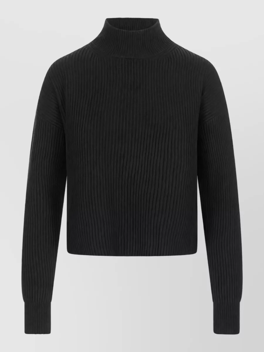 S Max Mara Wool cashmere sweatshirt — The black cropped mock-neck knit from S Max Mara echoes the jacket’s charcoal structure and formality, creating a clean tonal column under the cropped outerwear.