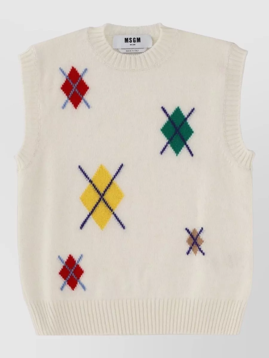 Msgm Sleeveless Argyle Pattern Top With Ribbed Hem