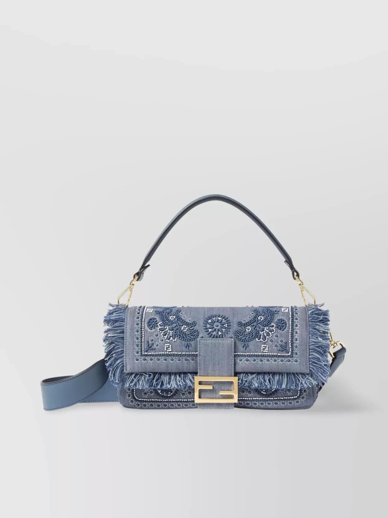 Fendi Embroidered Fringe Top Handle Shoulder Bag In Blue