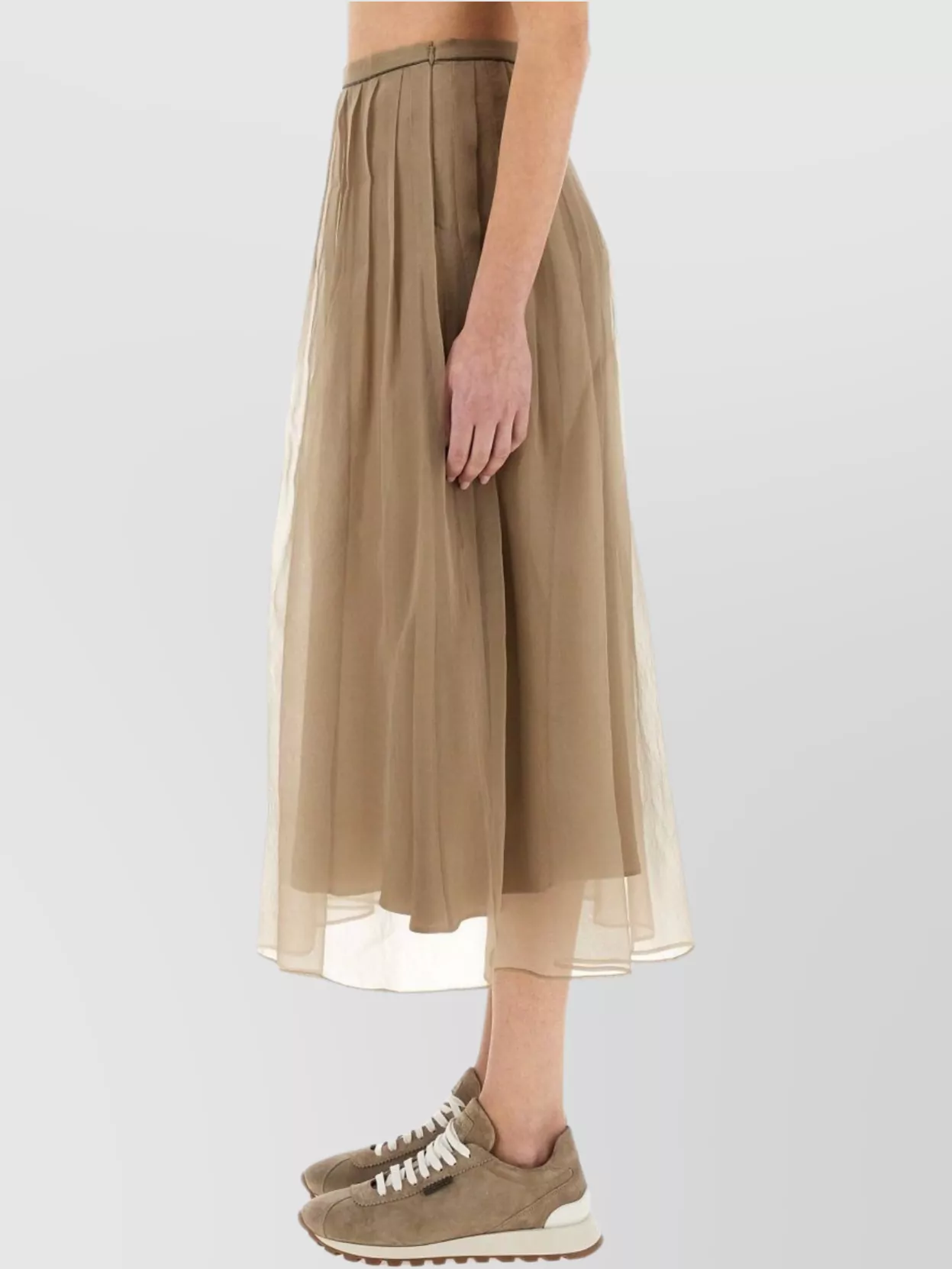 Shop Brunello Cucinelli Pleated Silk Midi Skirt With Sheer Overlay