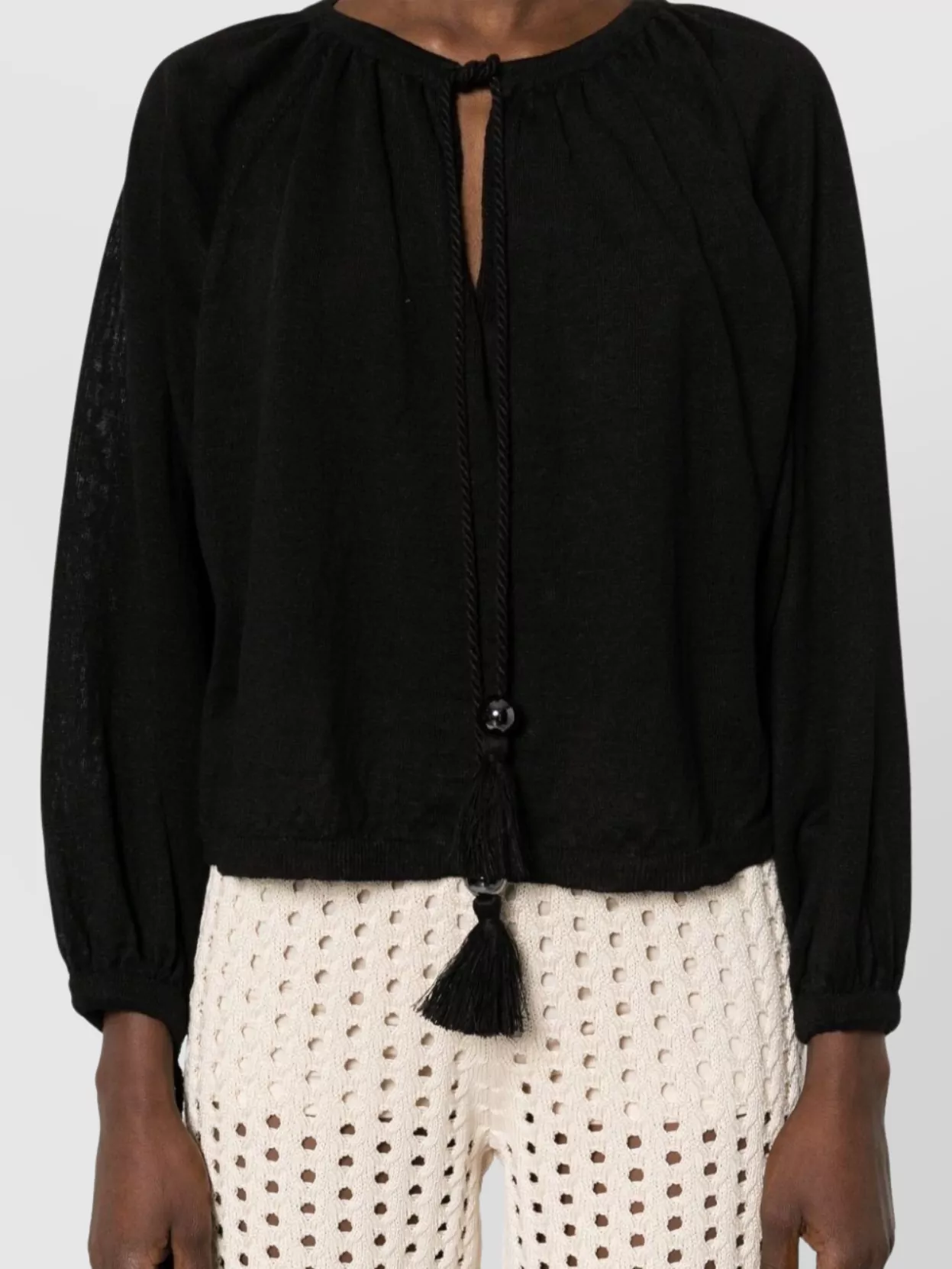 Max Mara Long Sleeve Top With Tassel And Keyhole In Black