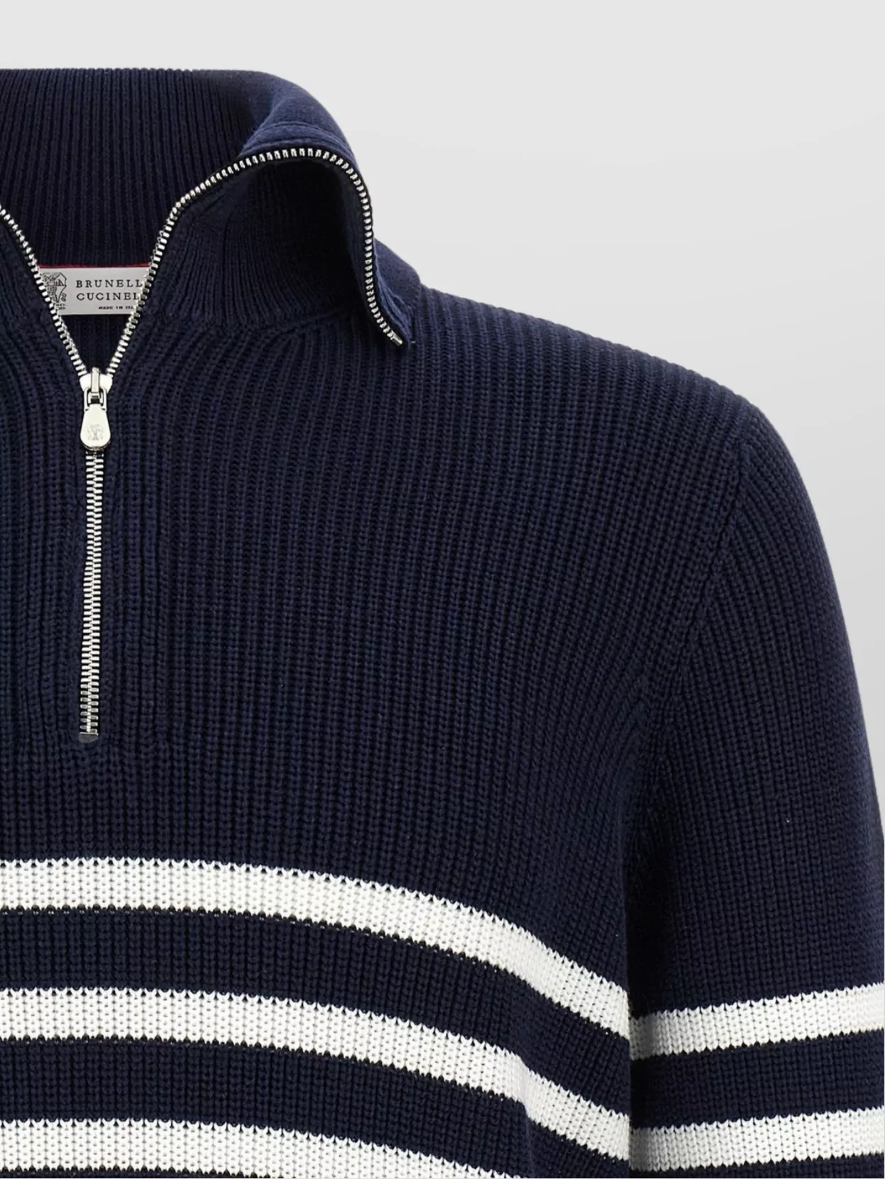 Brunello Cucinelli Striped Long Sleeve Ribbed Knit Sweater
