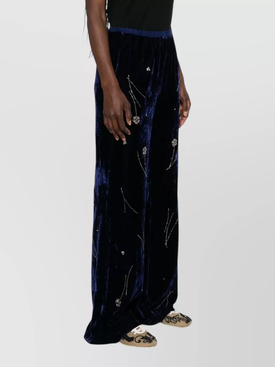 Forte Forte Silk Velvet Crystal-Embellished Floral Wide-Leg Trousers