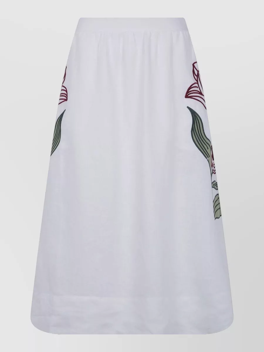 Farm Rio Linen Floral Embroidered Midi A-Line Skirt