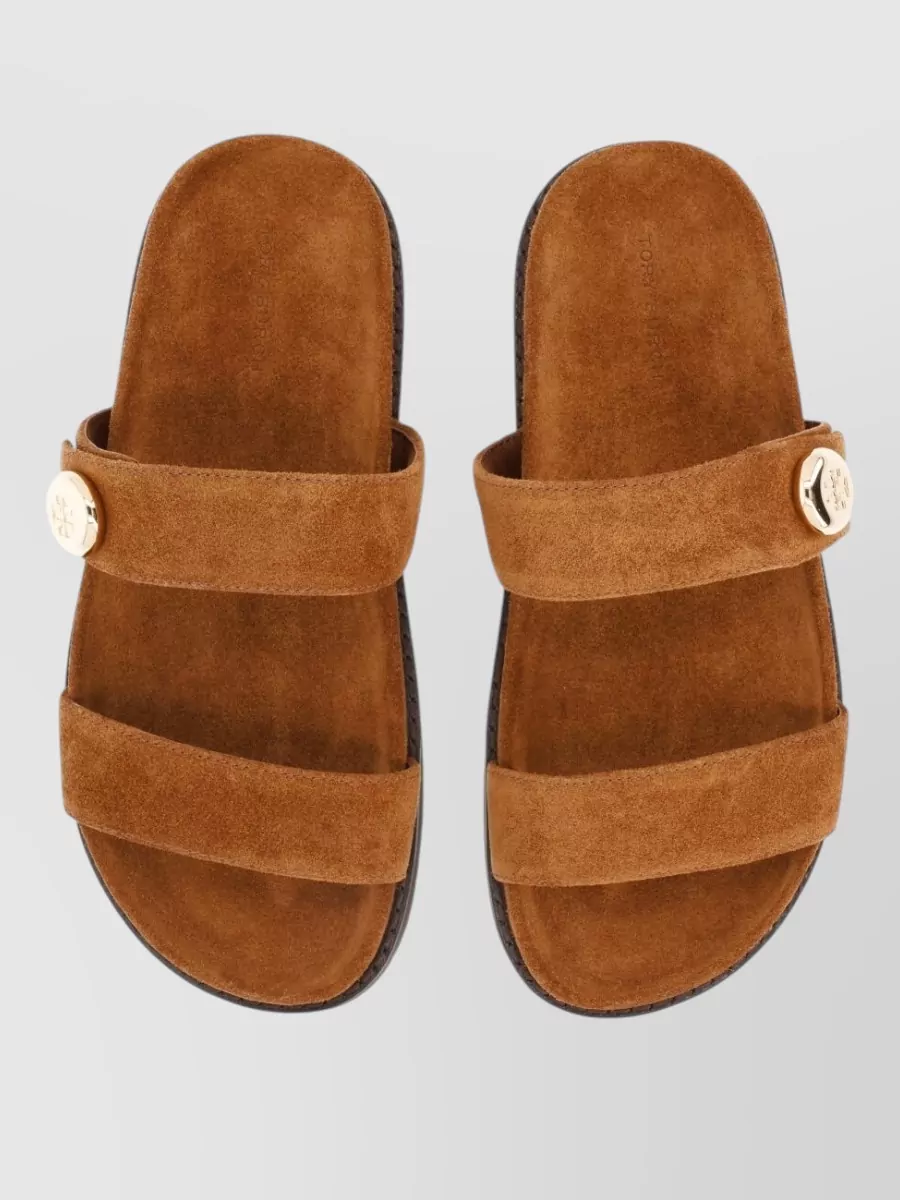 Tory Burch Suede Double Strap Flat Sole Slides In Brown