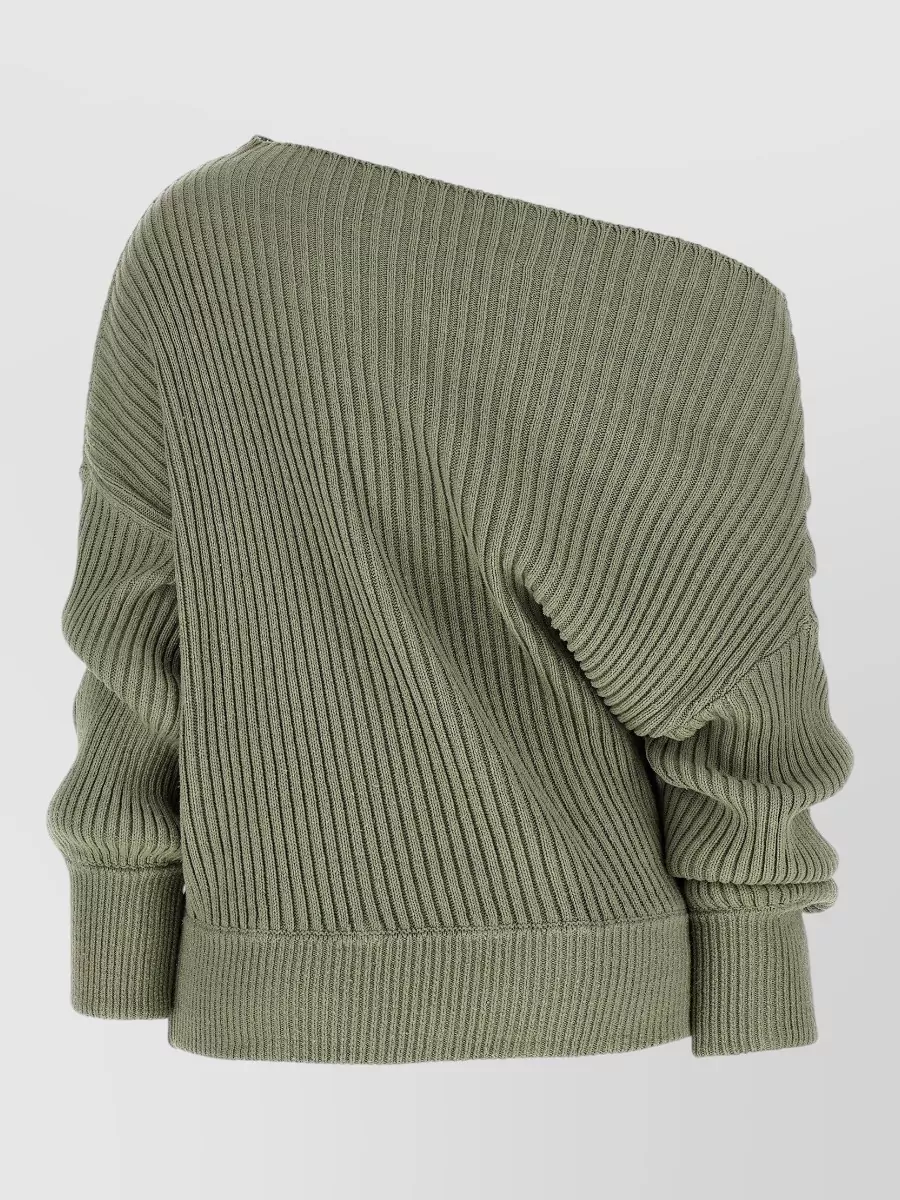 Balmain Silk Ribbed Asymmetric Draped One-Shoulder Long-Sleeve Jumper