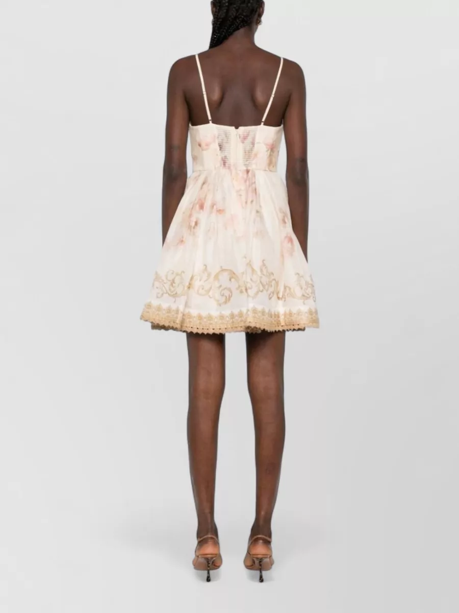 Zimmermann Linen Silk Floral Print V Neck Mini Dress