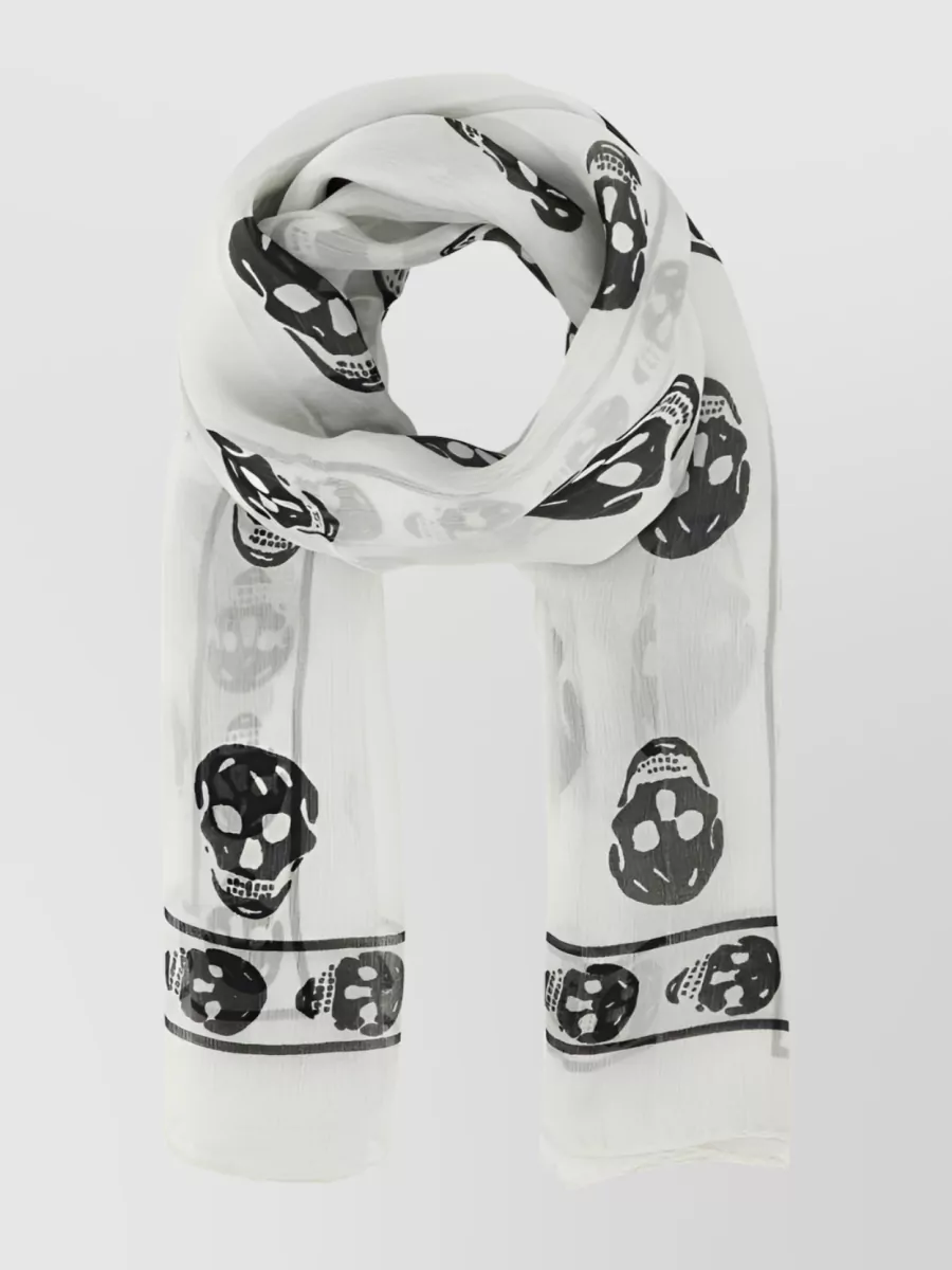 Shop Alexander Mcqueen Frayed Scarf With Skull Print In White