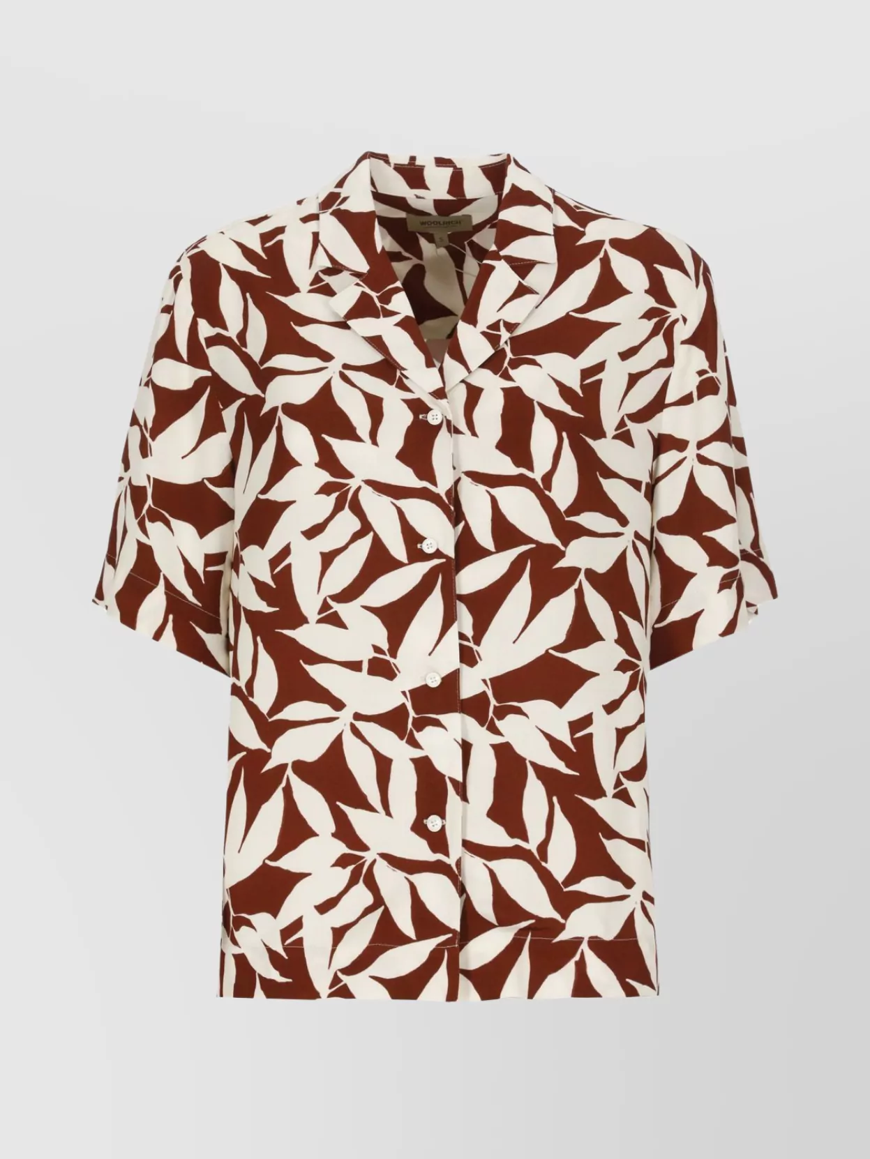 Woolrich Leaf Print Collared Neck Short Sleeve Top In Brown