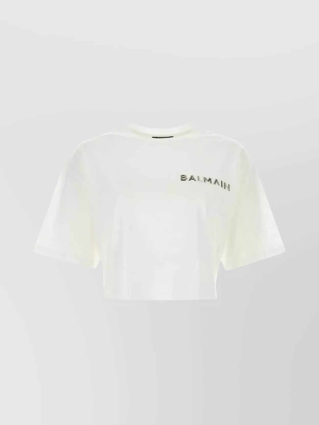 Shop Balmain Cropped-cut Pure Cotton T-shirt With Ribbed Crew-neck